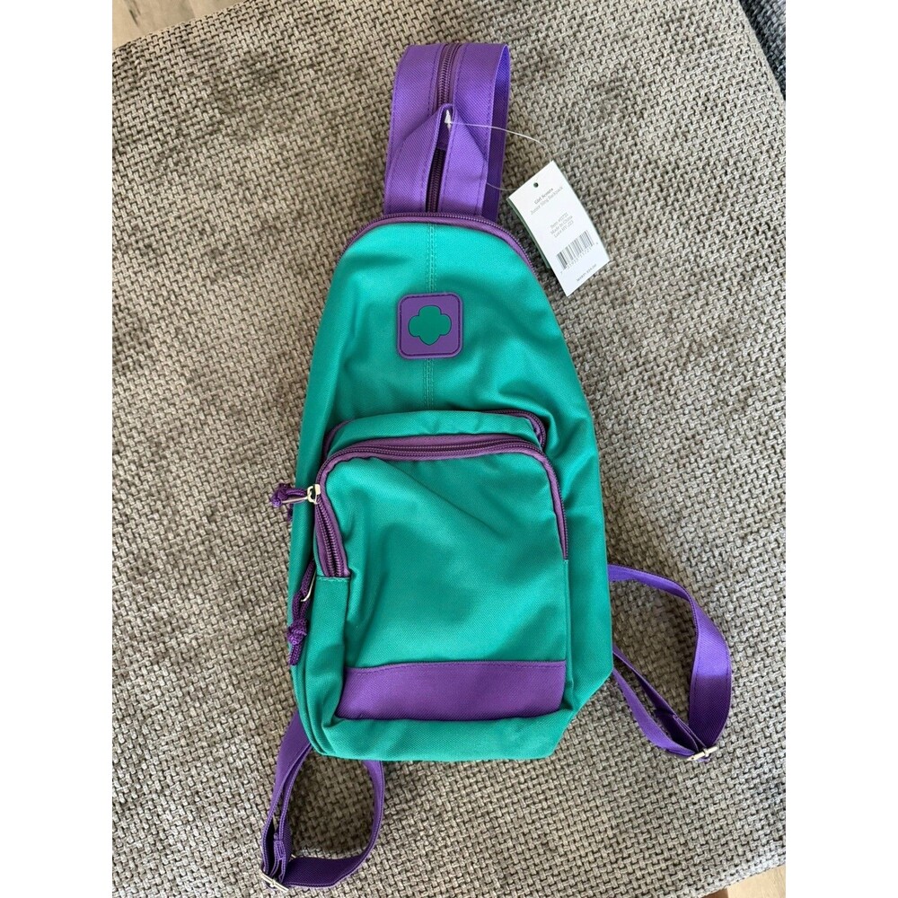 Girl Scouts Junior Sling Backpack Green Purple Trefoil Zip Pockets Adjustable